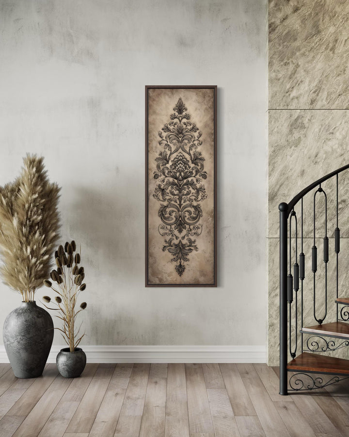 Vertical tall narrow canvas wall art featuring an antique French ornamental damask design.