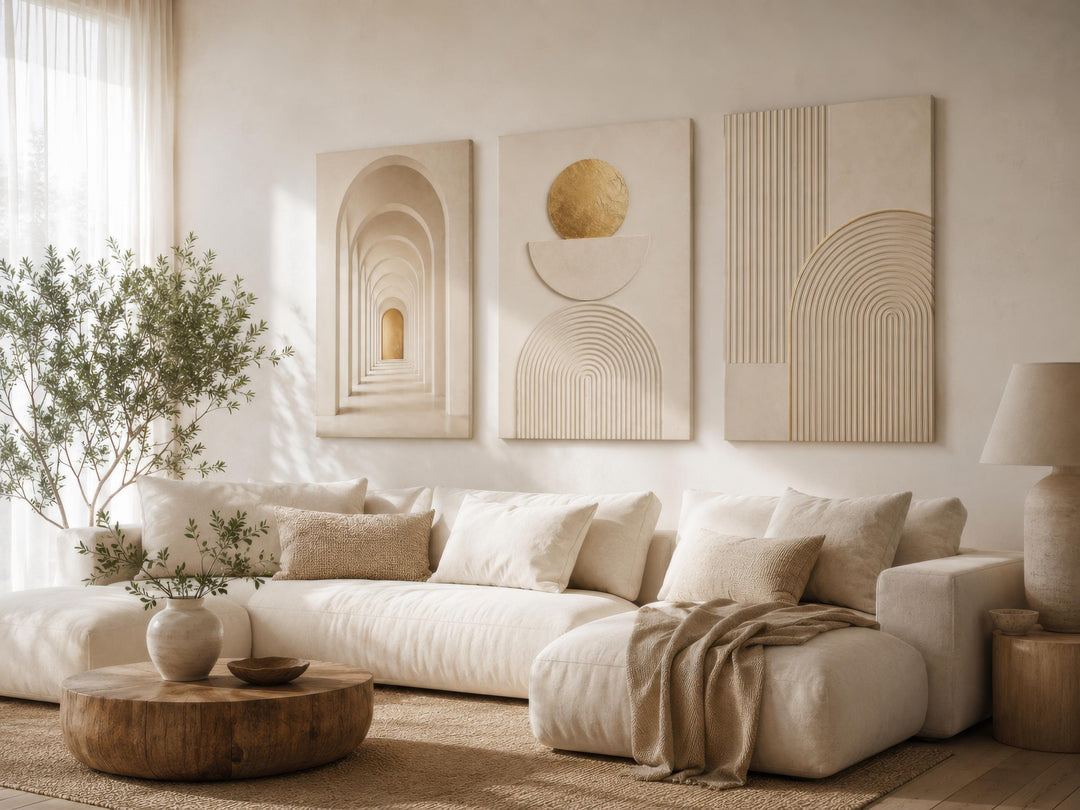 Neutral Wall Art Set - 3 Piece Beige Gold Canvas | Minimalist Japandi Geometric Decor