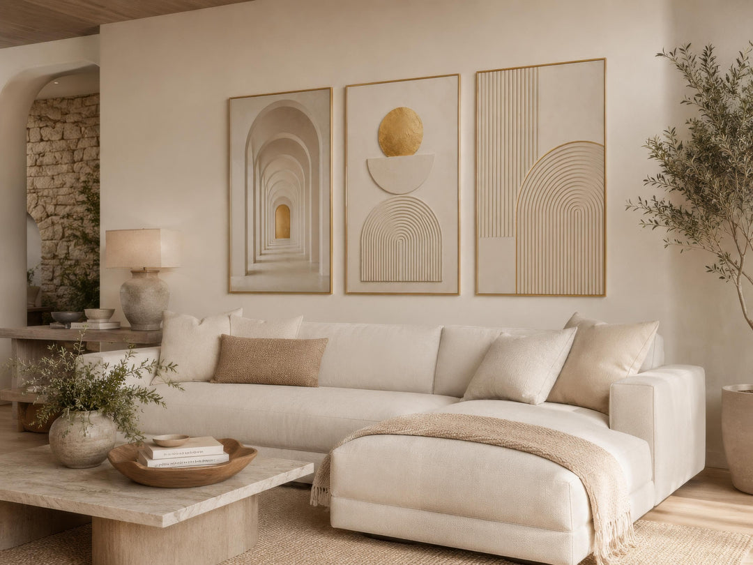 Neutral Wall Art Set - 3 Piece Beige Gold Canvas | Minimalist Japandi Geometric Decor