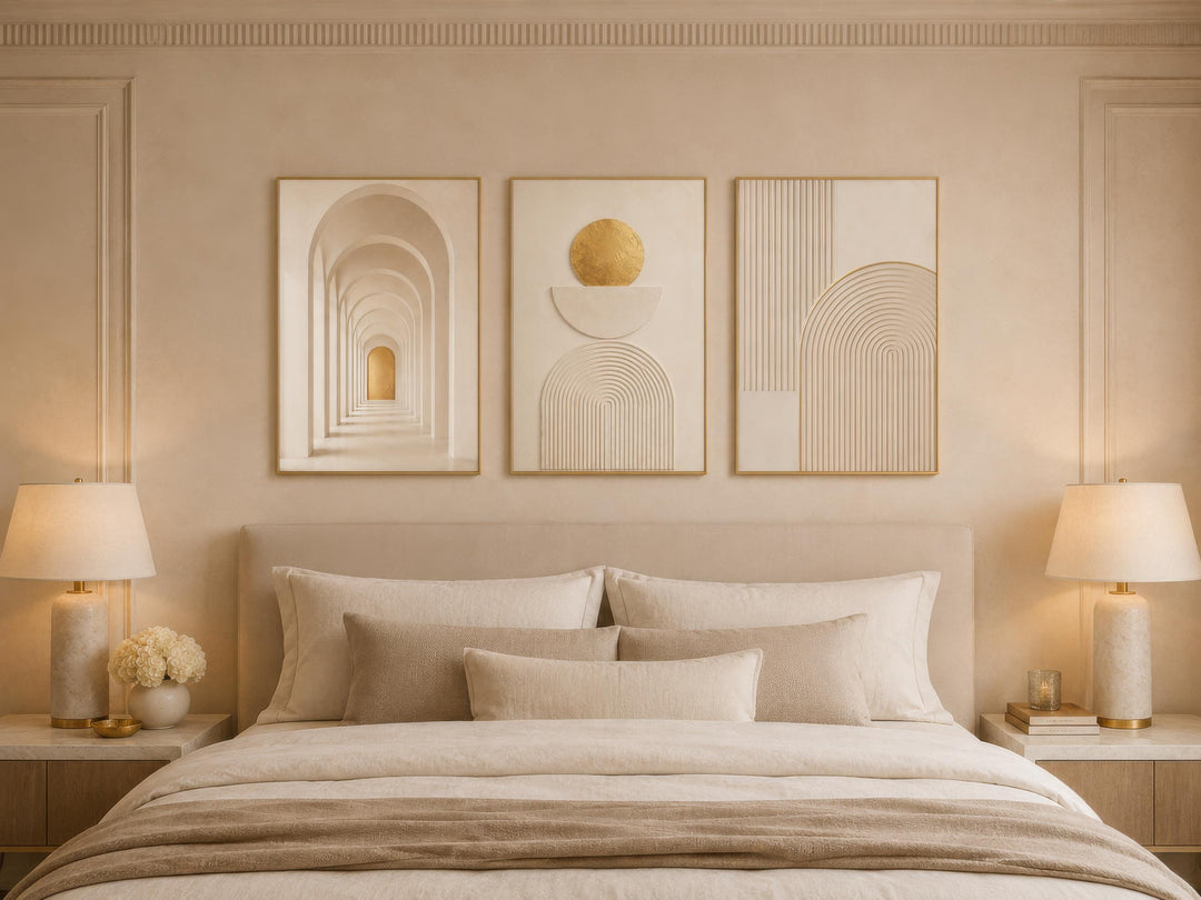 Neutral Wall Art Set - 3 Piece Beige Gold Canvas | Minimalist Japandi Geometric Decor
