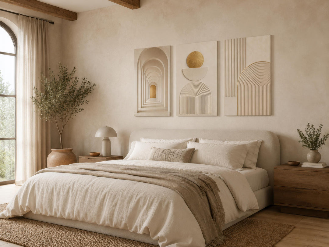 Neutral Wall Art Set - 3 Piece Beige Gold Canvas | Minimalist Japandi Geometric Decor
