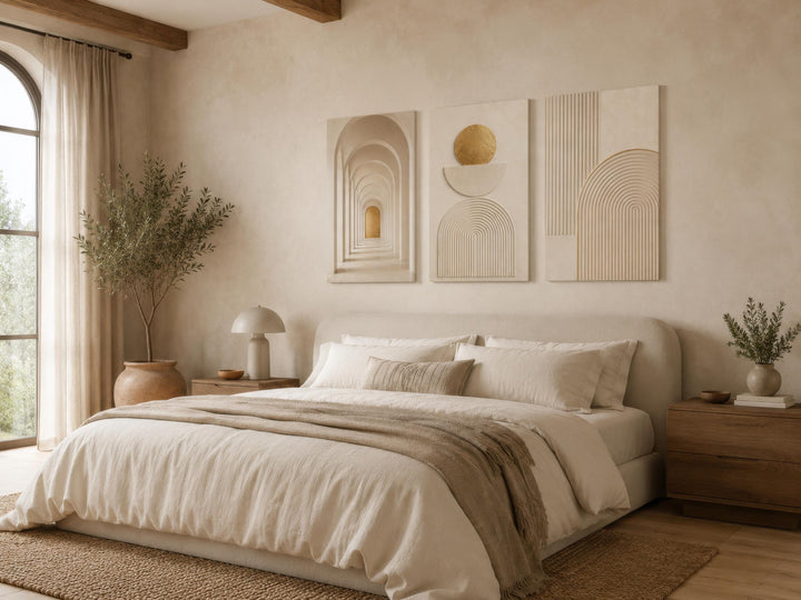 Neutral Wall Art Set - 3 Piece Beige Gold Canvas | Minimalist Japandi Geometric Decor