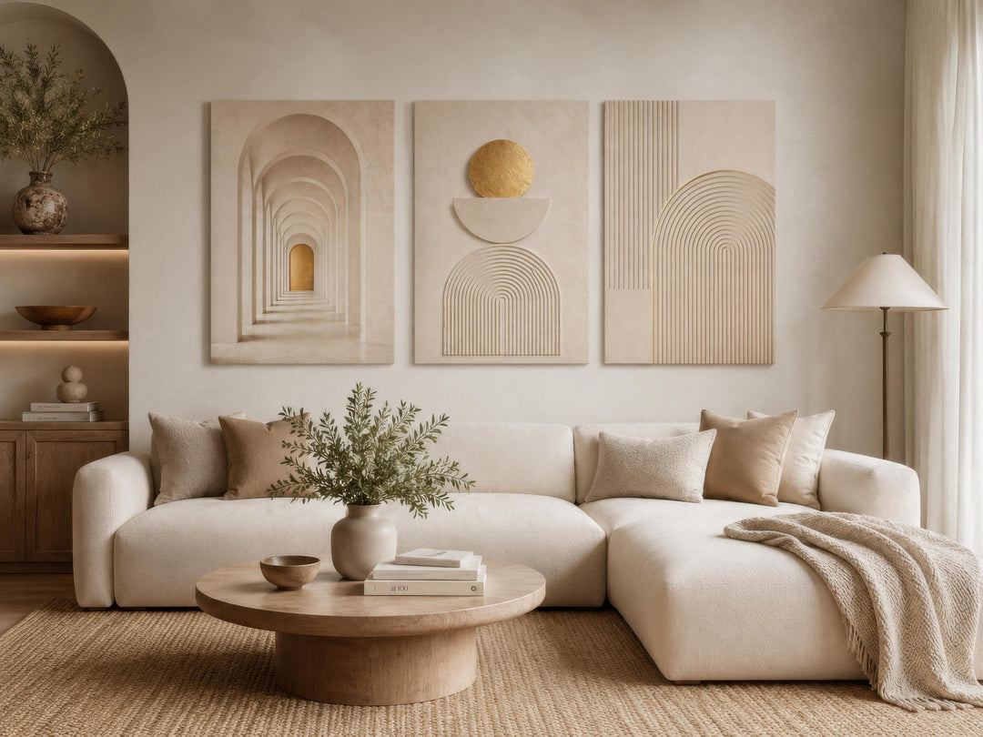 Neutral Wall Art Set - 3 Piece Beige Gold Canvas | Minimalist Japandi Geometric Decor