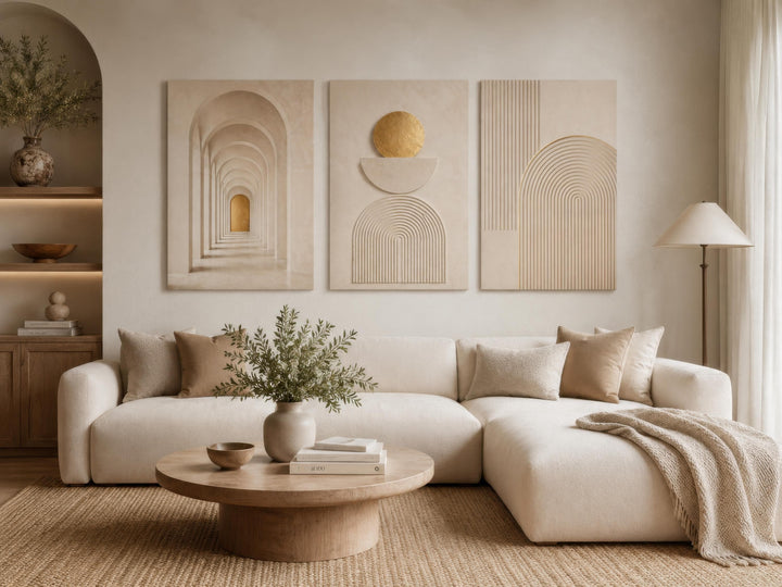 Neutral Wall Art Set - 3 Piece Beige Gold Canvas | Minimalist Japandi Geometric Decor