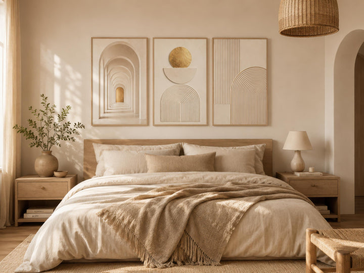 Neutral Wall Art Set - 3 Piece Beige Gold Canvas | Minimalist Japandi Geometric Decor