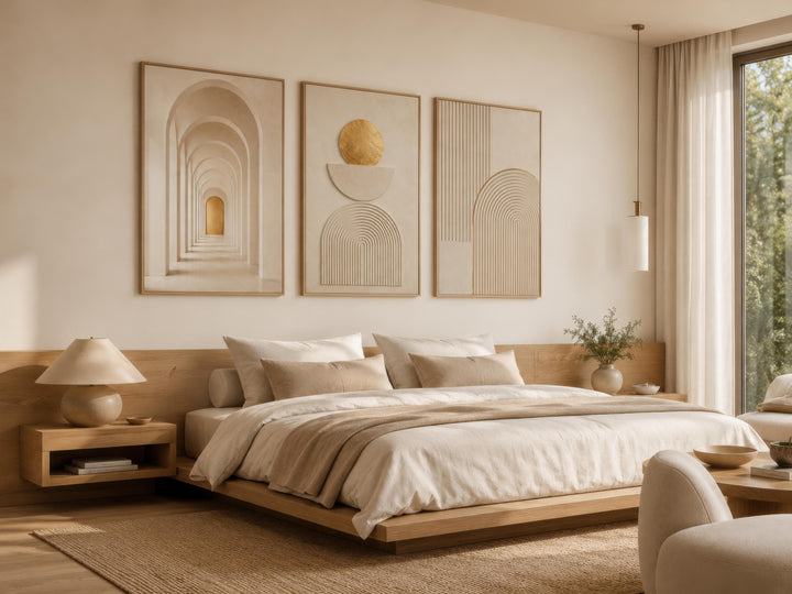 Neutral Wall Art Set - 3 Piece Beige Gold Canvas | Minimalist Japandi Geometric Decor