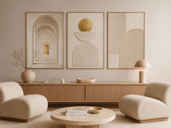 Neutral Wall Art Set - 3 Piece Beige Gold Canvas | Minimalist Japandi Geometric Decor