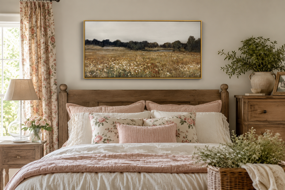Neutral wildflower field landscape canvas wall art in a gold frame above a wooden bed.