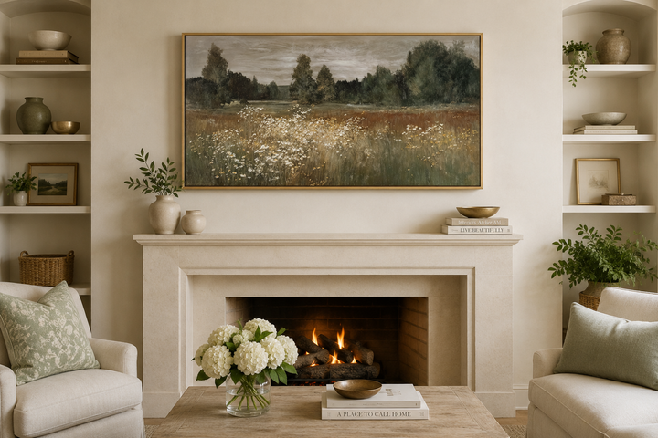 Neutral wildflower meadow canvas wall art in a gold frame above a fireplace in a farmhouse room.