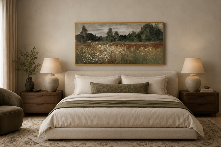 Neutral wildflower meadow landscape painting in a gold frame above a bed in a farmhouse bedroom.