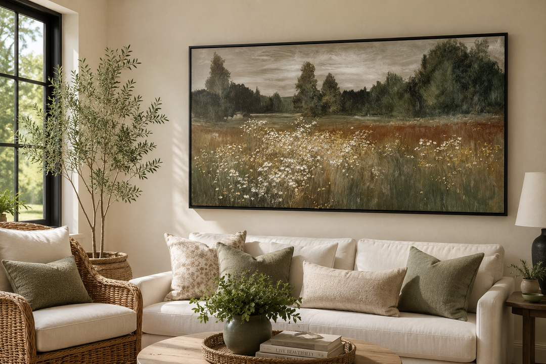 Large horizontal canvas print of a neutral wildflower meadow landscape in a black frame.