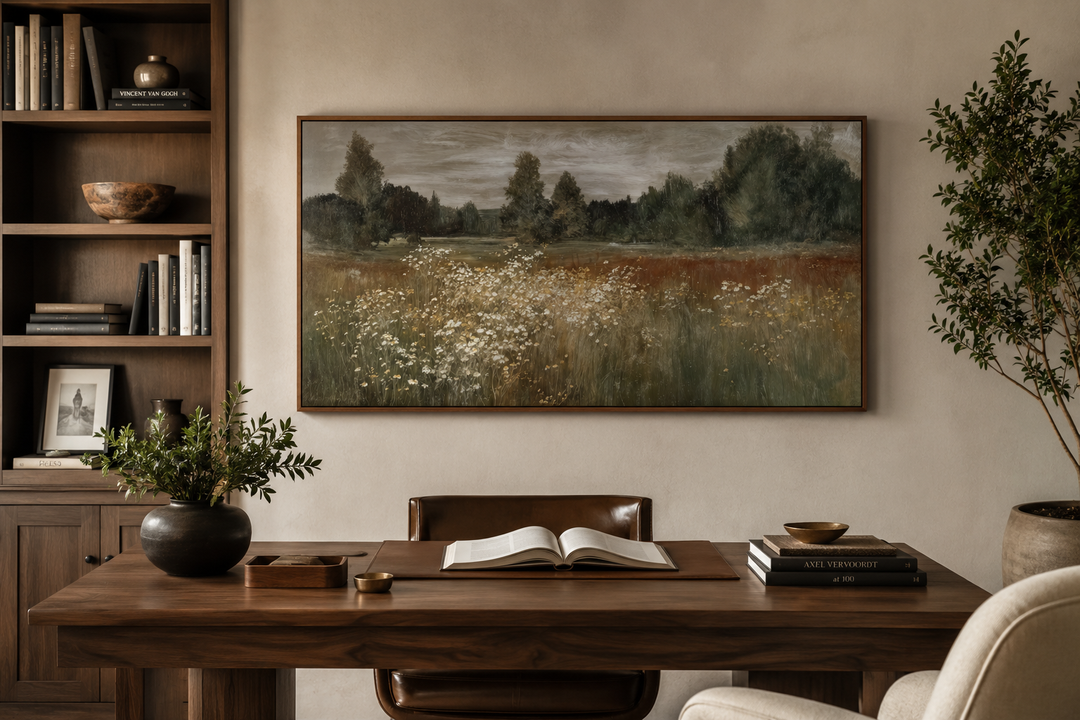 Neutral wildflower meadow canvas print in a dark wood frame above a rustic wooden desk.
