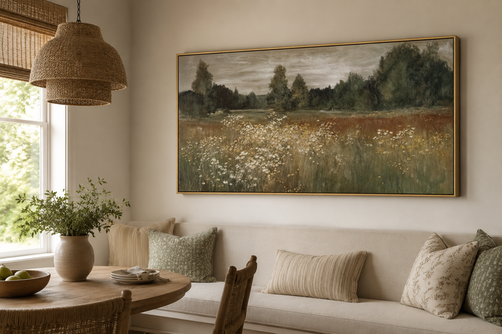 Neutral wildflower meadow canvas wall art in a gold frame above a dining bench with pillows.