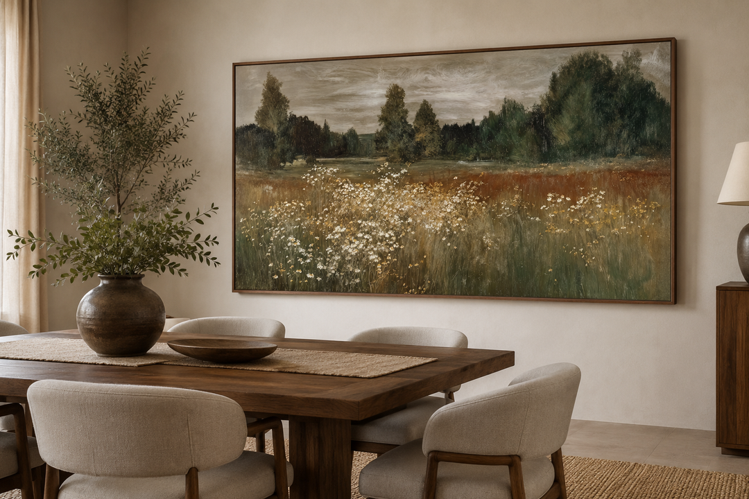Large horizontal canvas print of a neutral wildflower meadow landscape in a farmhouse dining room.