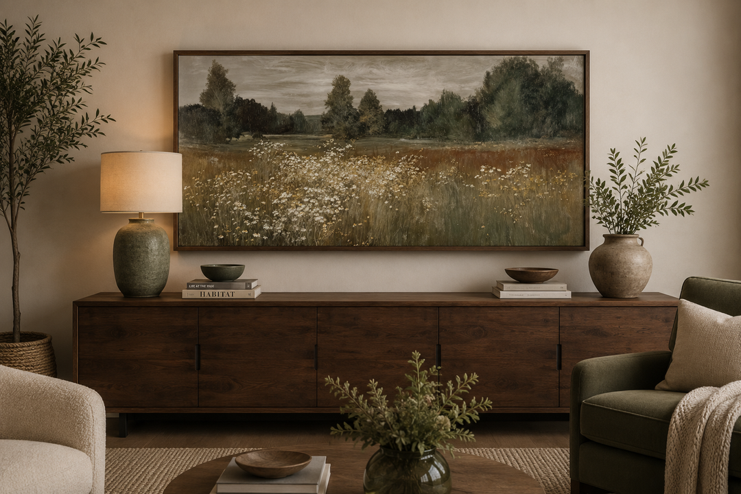Neutral wildflower meadow wall art in a dark wood frame above a wooden sideboard in a cozy room.