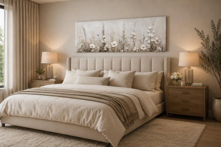 Neutral wildflower canvas wall art in a beige bedroom, featuring delicate floral botanical details.