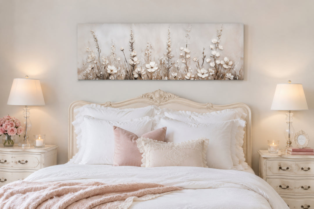 Neutral wildflower canvas wall art in beige and ivory hanging above a bed with white linens.