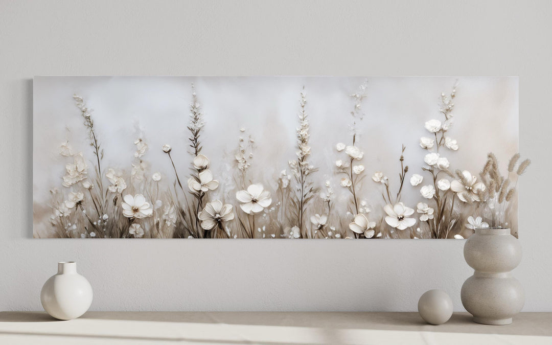 Neutral wildflower canvas print featuring beige floral art in a calm botanical landscape.