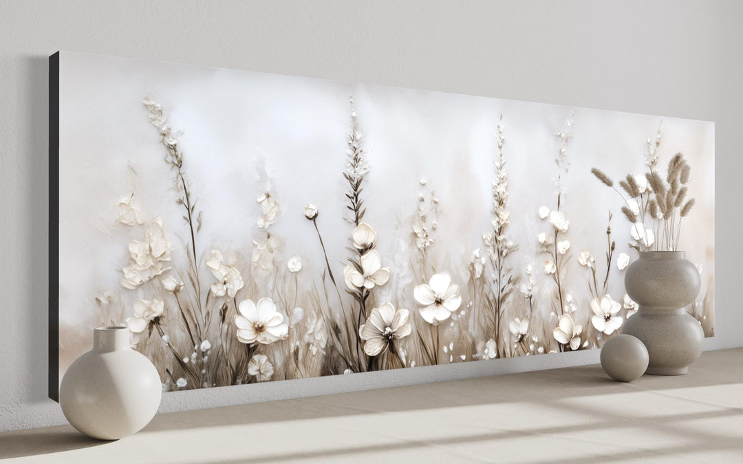 Neutral wildflower canvas print featuring beige botanical art in a minimalist, horizontal landscape.