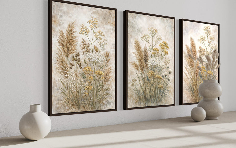 Set of three neutral wildflower botanical canvas prints in dark frames on a white wall.