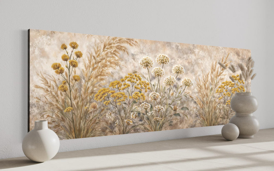 A long narrow canvas print featuring neutral wildflowers and grasses in a boho farmhouse style.