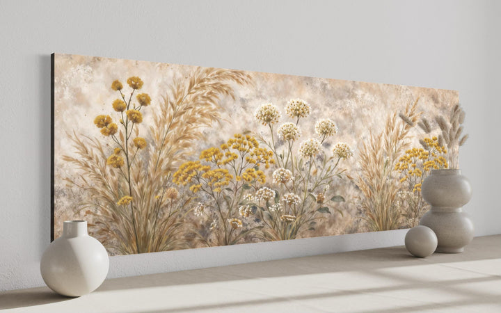 A long narrow canvas print featuring neutral wildflowers and grasses in a boho farmhouse style.