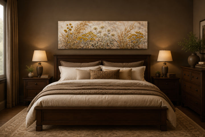 Long narrow canvas print of neutral wildflowers and meadow grass hanging above a dark wood bed.