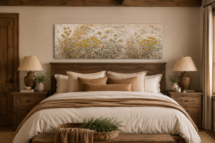 A long narrow canvas print of neutral wildflowers and grasses hangs above a wooden bed frame.