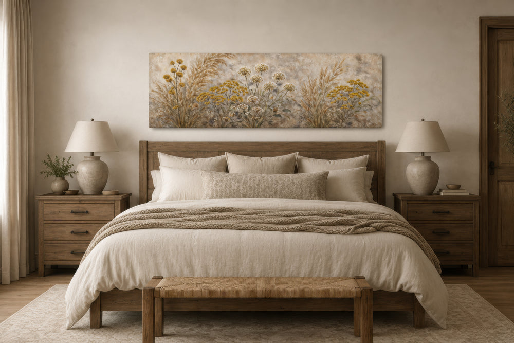 Long narrow canvas print of neutral wildflowers and meadow grass hanging above a wooden bed frame.