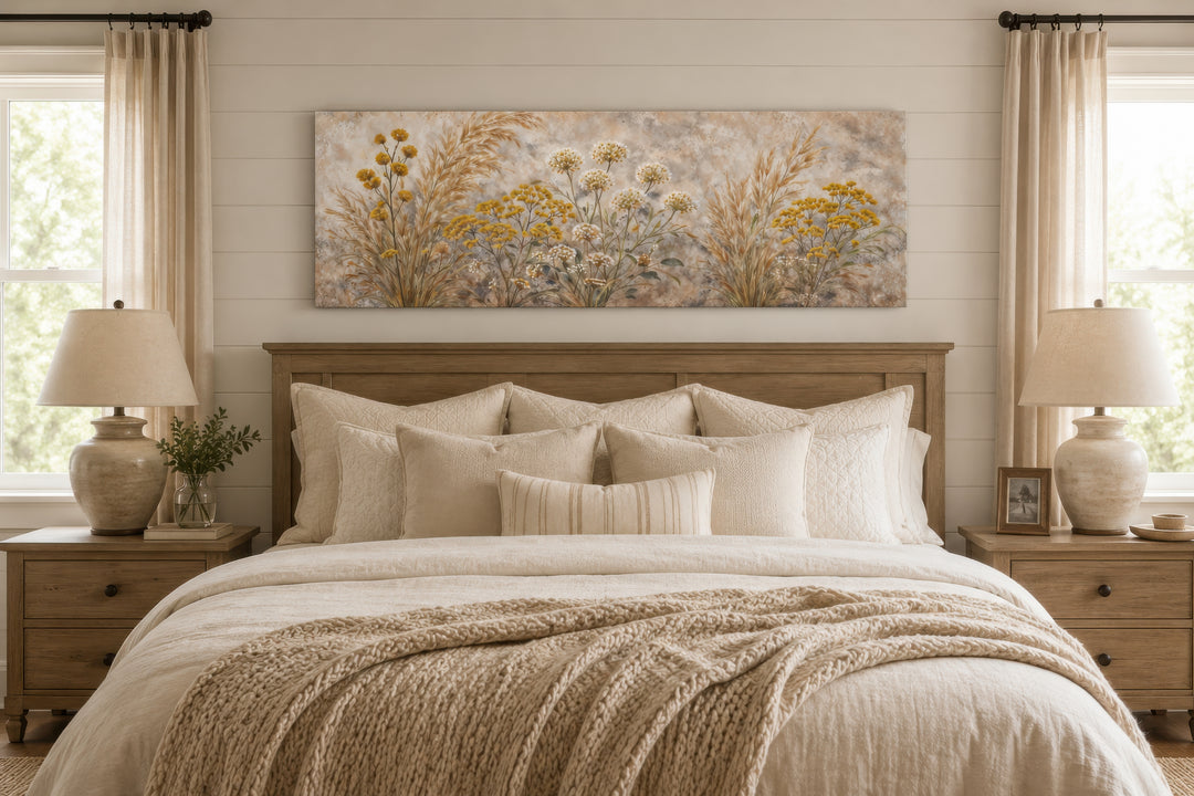 A long narrow canvas print of neutral wildflowers hangs above a bed in a farmhouse-style bedroom.