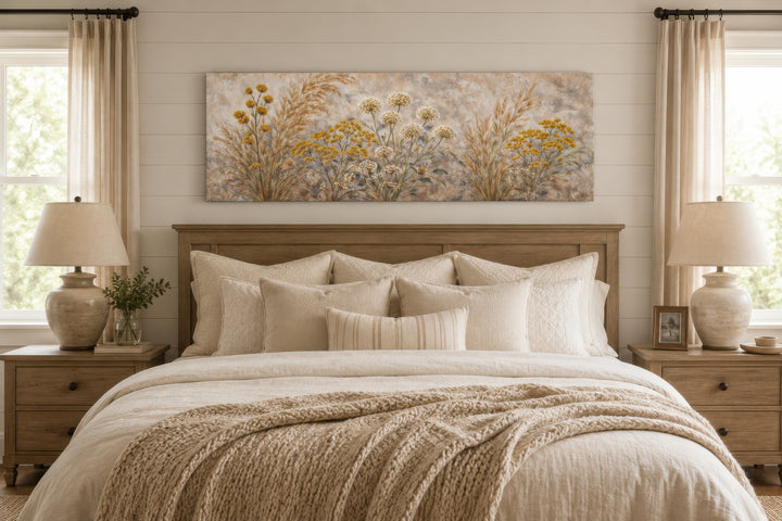A long narrow canvas print of neutral wildflowers hangs above a bed in a farmhouse-style bedroom.