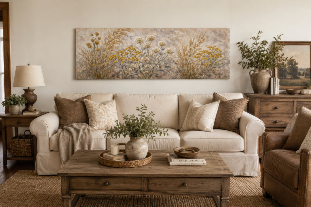A long, narrow canvas print of neutral wildflowers hangs above a cream sofa in a rustic living room.
