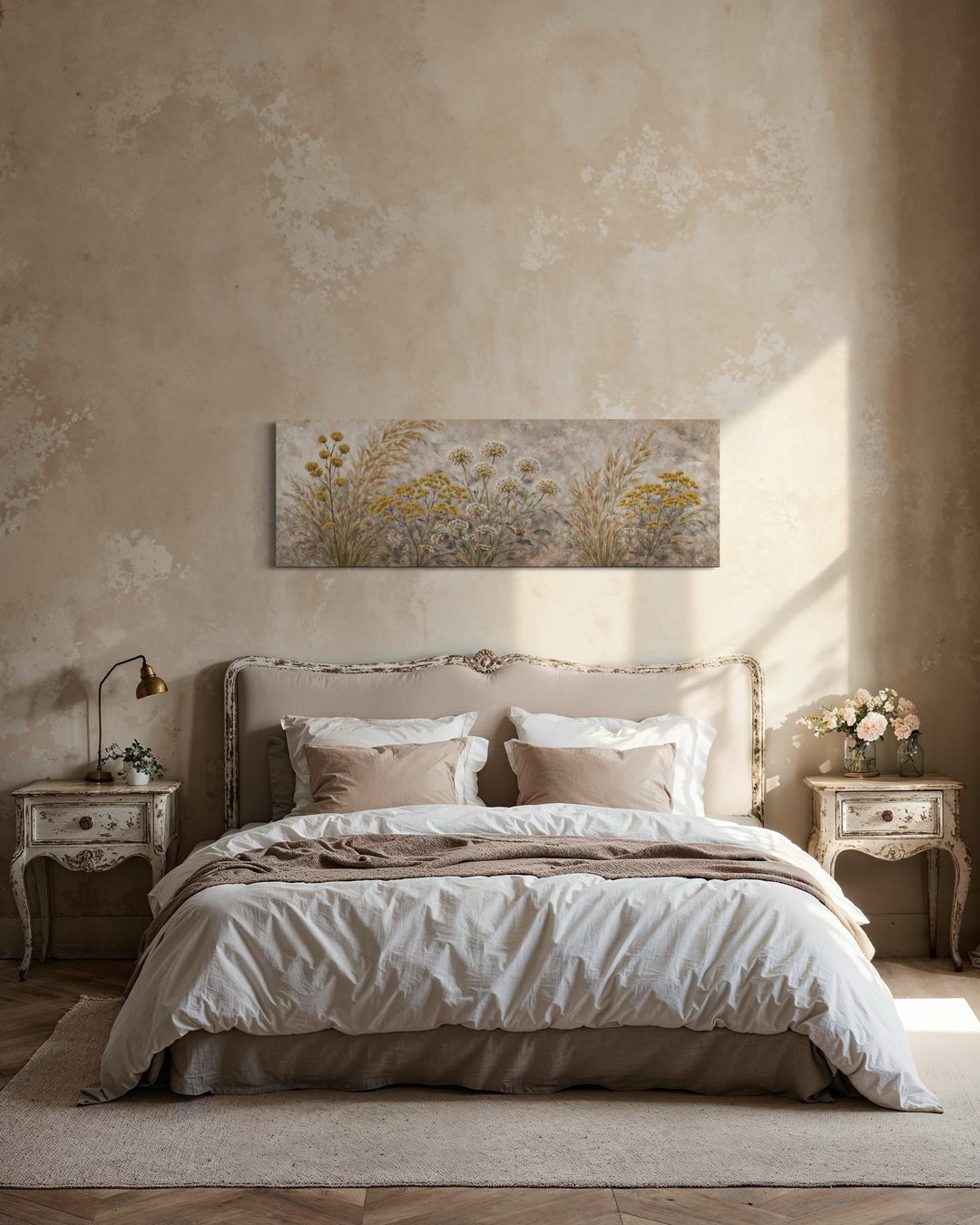 A long narrow canvas print of neutral wildflowers hangs above a bed in a rustic farmhouse bedroom.