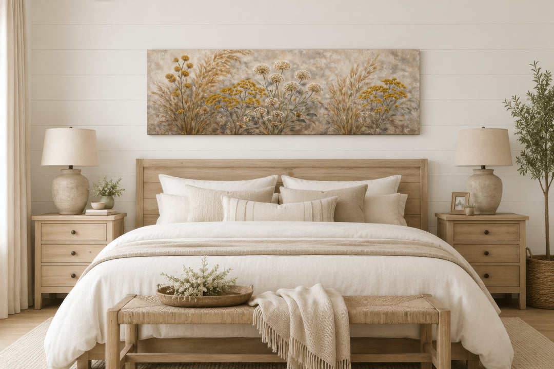 Neutral wildflower canvas art in a long narrow format hangs above a bed in a boho farmhouse bedroom.