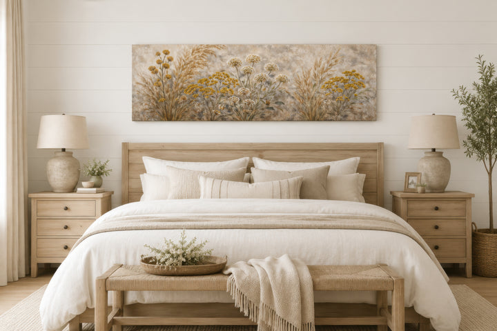 Neutral wildflower canvas art in a long narrow format hangs above a bed in a boho farmhouse bedroom.
