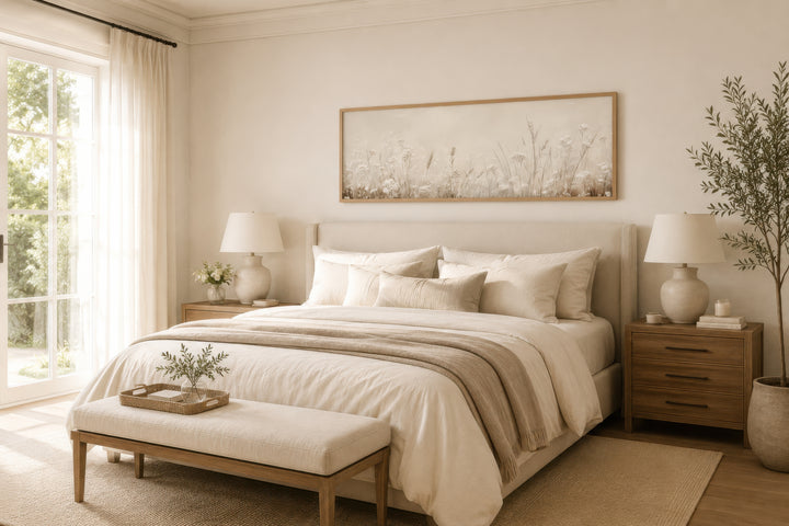 Horizontal beige botanical canvas print of wildflowers and meadow grasses above a bed.