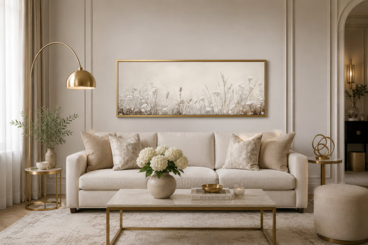 Neutral wildflowers wall art in a gold frame above a cream sofa in a modern living room.