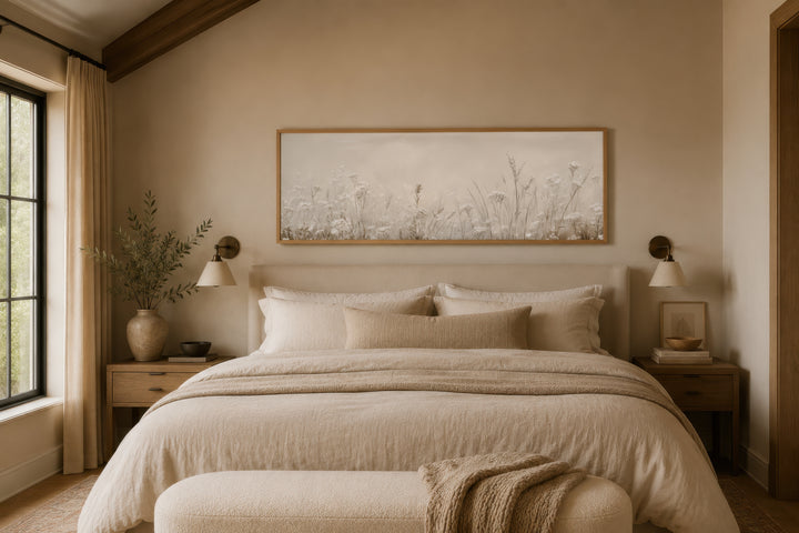 Horizontal beige botanical canvas print of wildflowers and meadow grasses above a bed.