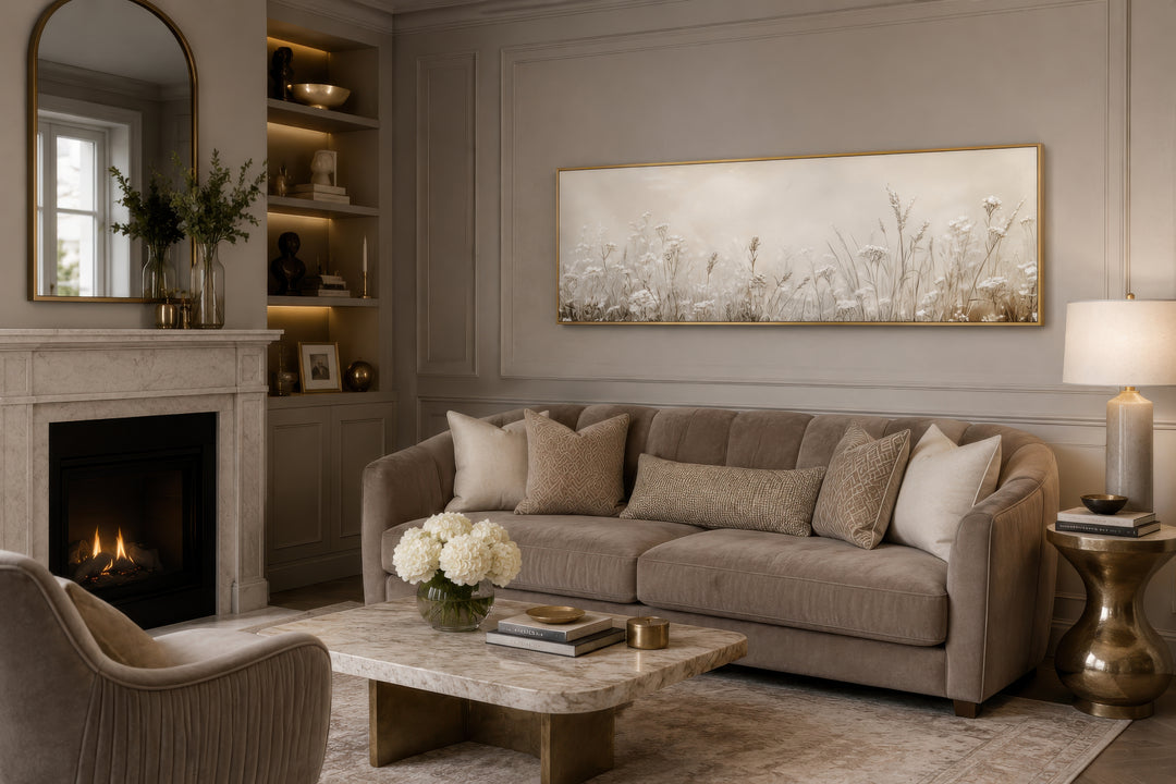 Horizontal beige botanical canvas print of wildflowers in a gold frame above a neutral sofa.