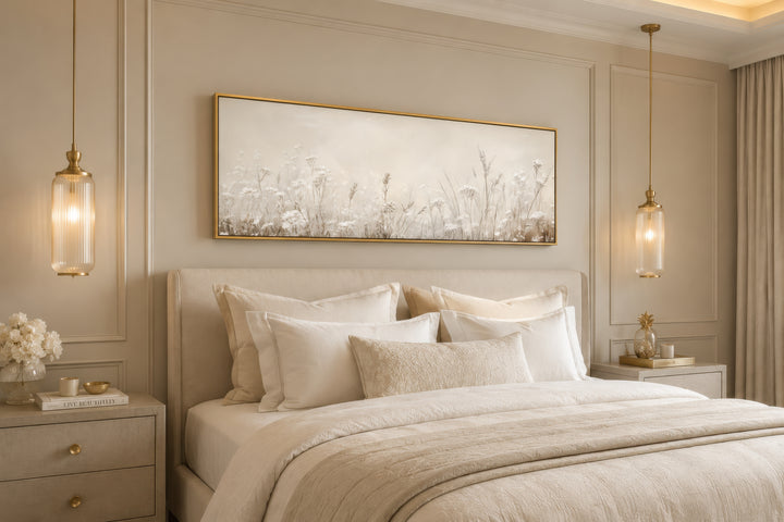Horizontal beige botanical canvas print of wildflowers and meadow grasses above a bed.
