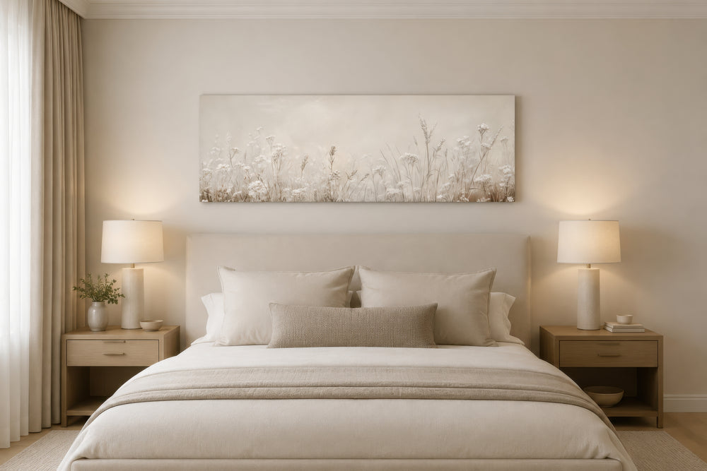 Neutral horizontal wildflowers canvas print above a bed in a beige bedroom with soft lighting.