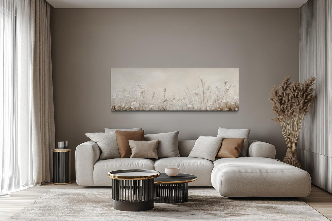Horizontal canvas print of neutral wildflowers and meadow grasses in beige and ivory tones.
