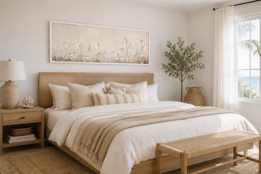 Horizontal canvas print of neutral wildflowers in beige tones hanging above a bed.