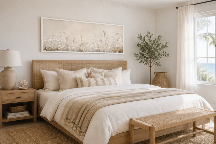 Horizontal canvas print of neutral wildflowers in beige tones hanging above a bed.
