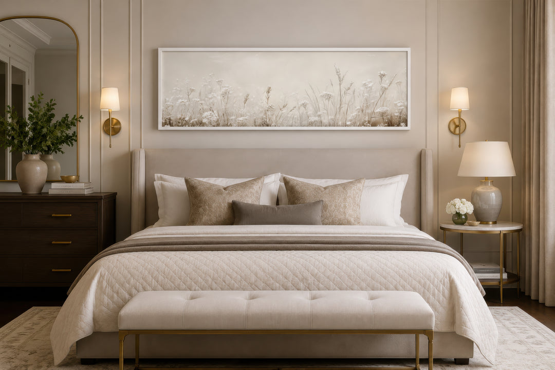 Horizontal beige botanical canvas print of wildflowers and meadow grasses above a bed.