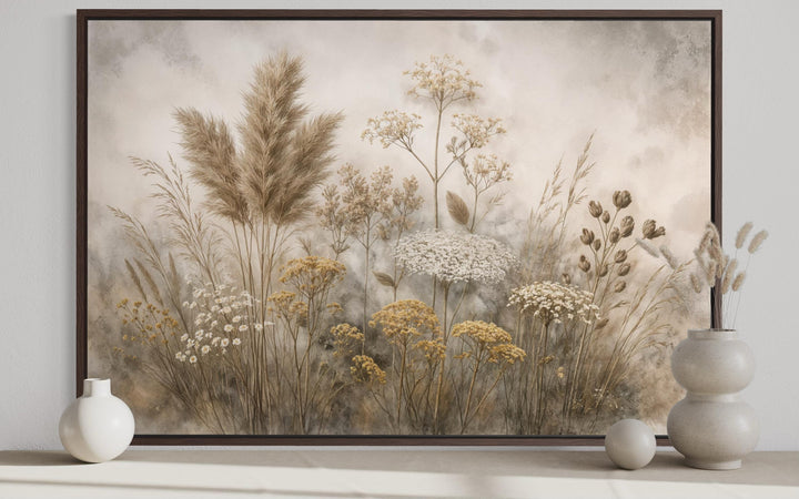 Neutral wildflowers botanical canvas print in a dark wood frame with beige and ivory tones.