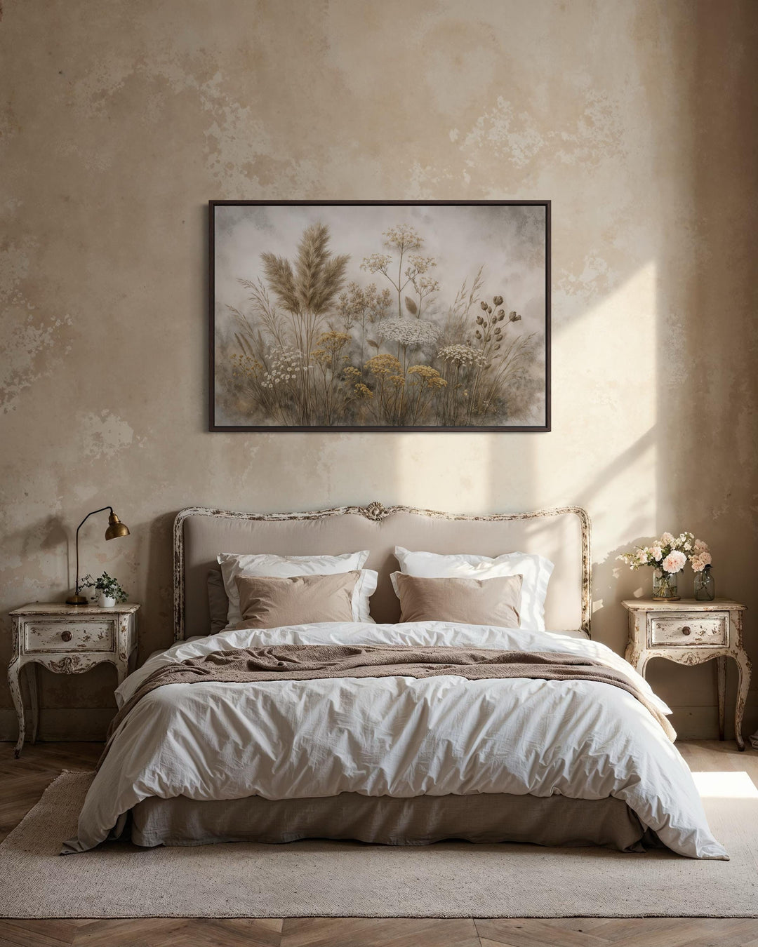 Neutral wildflowers botanical canvas print in a dark frame above a bed in a rustic bedroom.