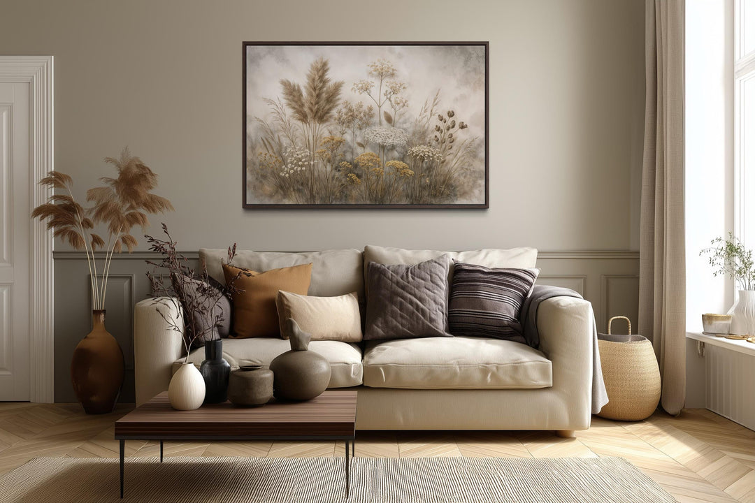 Horizontal canvas print of neutral-toned wildflowers and grasses in a dark frame above a sofa.