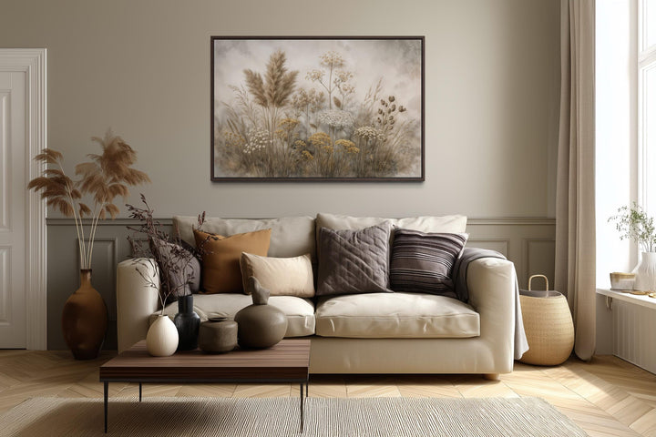 Horizontal canvas print of neutral-toned wildflowers and grasses in a dark frame above a sofa.