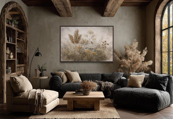 Horizontal canvas print of neutral-toned wildflowers and grasses in a rustic, earthy living room.